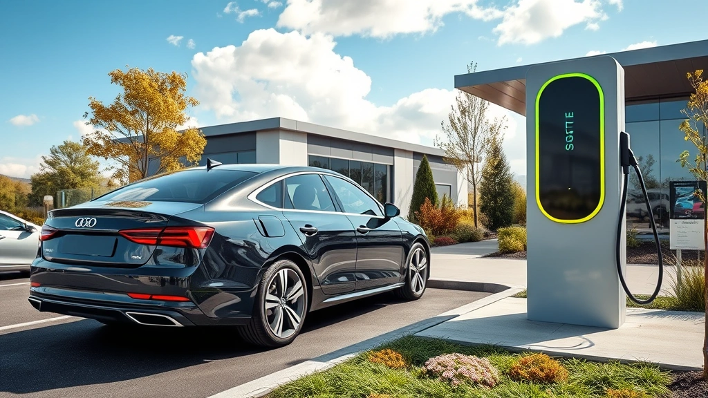 Electric vehicle charging station with modern sedan plugged in, clean technology environment with contemporary architecture and landscape