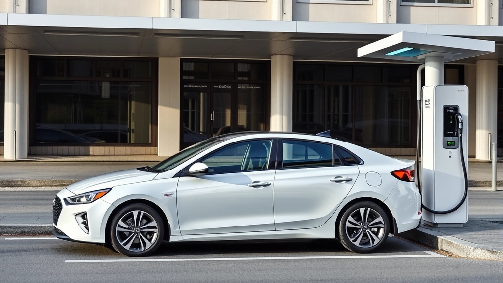 Hyundai Ioniq 6 sleek electric sedan at modern public charging station with DC fast charger, contemporary urban setting, clean architectural background