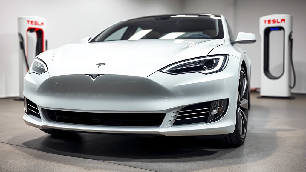 Tesla Model S Plaid in pearl white multi-coat, photographed from front-quarter angle showcasing sleek LED headlight design and aerodynamic profile, modern minimalist charging station visible in background, clean professional automotive imagery