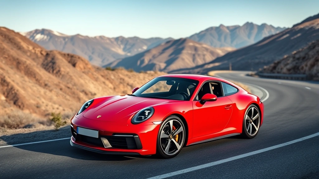 2024 Porsche 911 Carrera red sports car on winding mountain road, professional automotive photography with clear sky