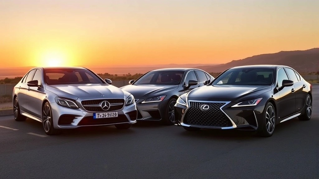 Luxury sedan comparison scene showing three high-end vehicles lined up at sunset: Mercedes-AMG C63, Lexus LS 500, and Genesis G90, highlighting premium design details and proportions