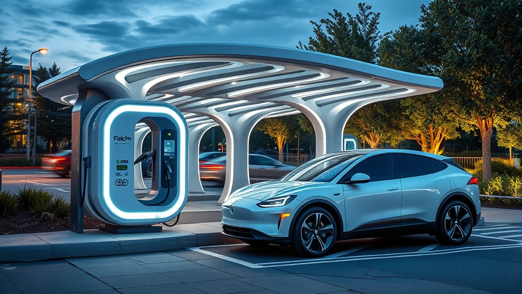 Contemporary electric vehicle charging at public charging station with futuristic design, showcasing sustainable transportation technology and modern infrastructure