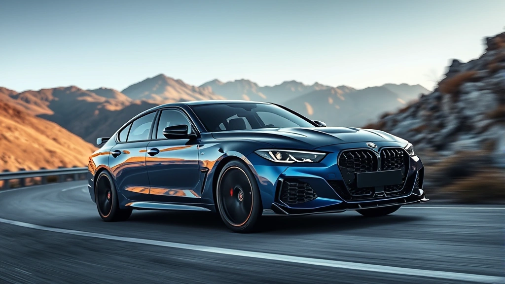 Performance sedan in dynamic motion on winding mountain road, deep blue color, aggressive stance, professional automotive photography