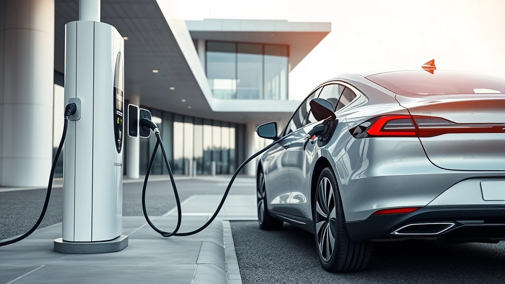 Electric vehicle charging at modern charging station with contemporary architecture background, sleek vehicle design prominent, dynamic composition showing charging cable connection, clean minimalist aesthetic reflecting EV technology advancement