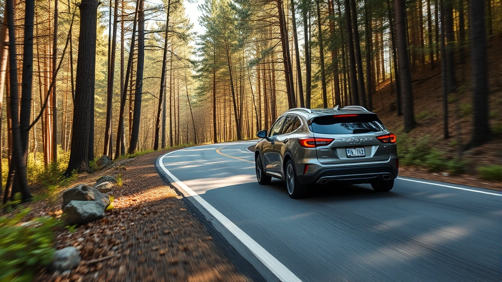 Hybrid SUV on winding forest road, demonstrating agile handling dynamics through scenic natural landscape