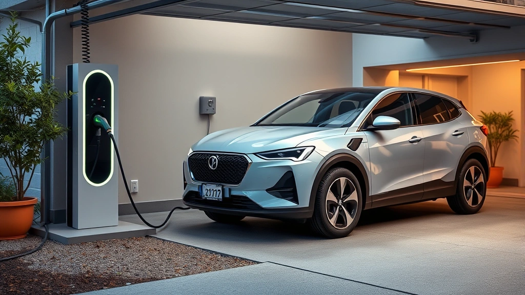 Modern electric vehicle charging at home charging station in residential garage setting, showcasing residential EV ownership infrastructure and convenience