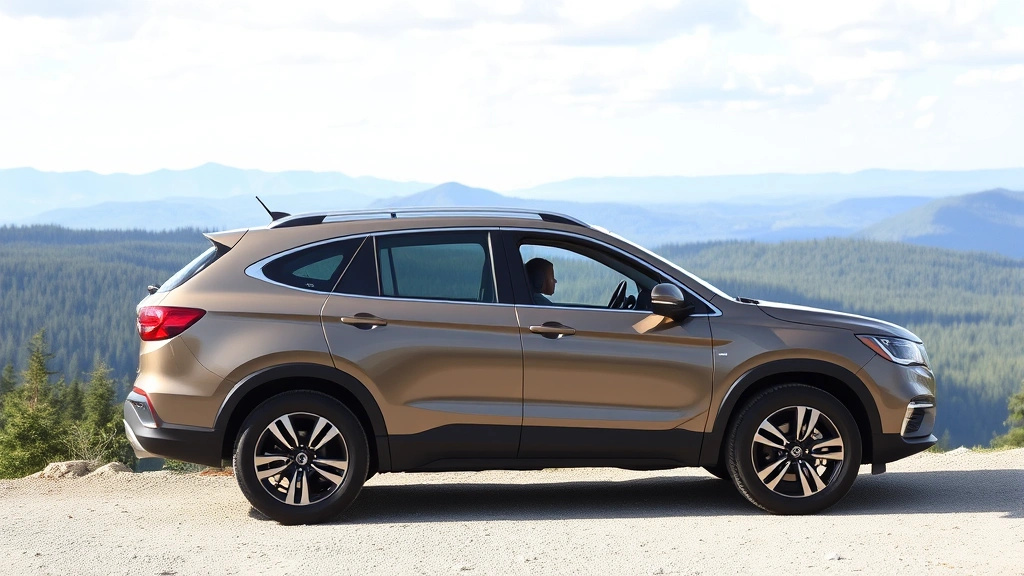Family crossover SUV parked on scenic mountain overlook with forest landscape, three-row seating visible through windows, all-terrain tires, premium exterior finish reflecting natural daylight