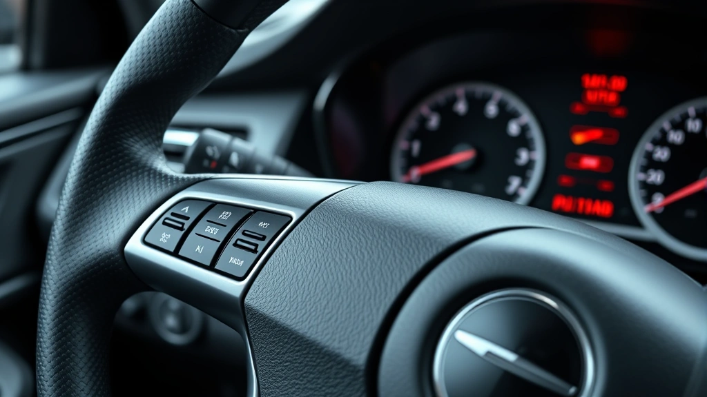 Close-up of ergonomic sedan steering wheel with control buttons and dashboard showing digital gauges and climate controls
