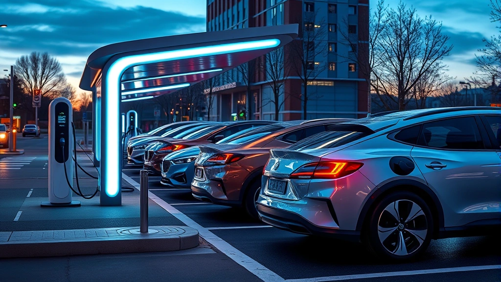 Futuristic EV charging hub with multiple vehicles simultaneously charging, evening ambient lighting, technology-focused composition, modern urban setting, professional automotive imagery