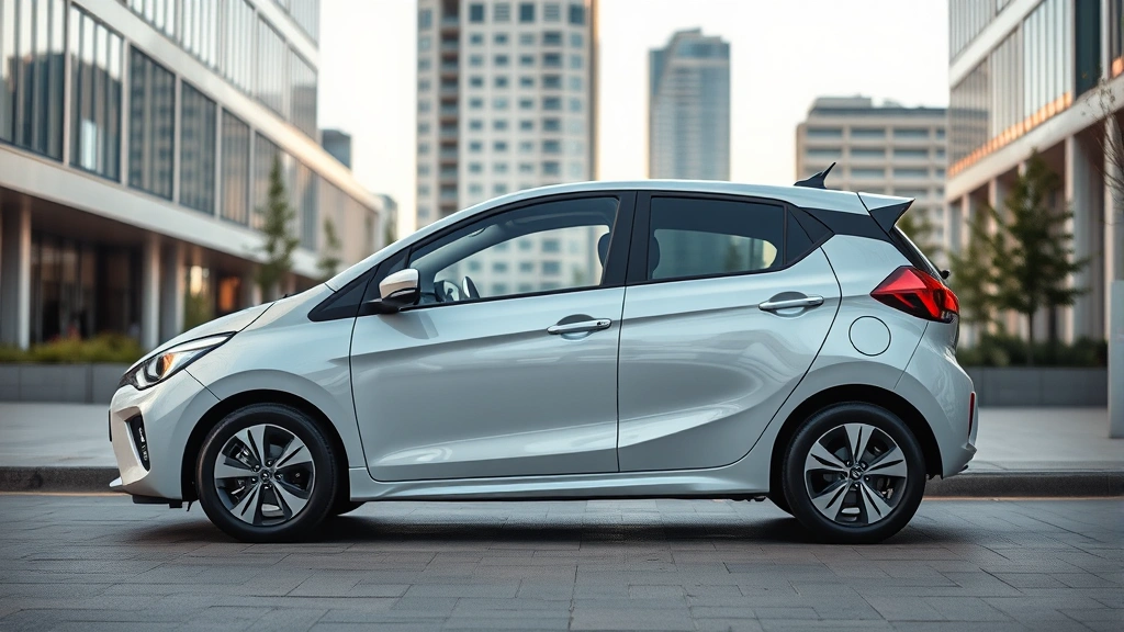 Compact hybrid sedan parked in urban setting with modern architecture background, clean styling, eco-friendly design aesthetic, daylight photography