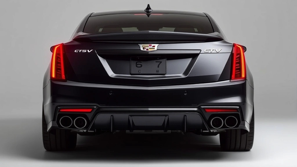 Cadillac CT5-V Blackwing rear three-quarter view showcasing muscular proportions, aggressive stance, performance exhaust tips, dark metallic gray finish with dramatic lighting
