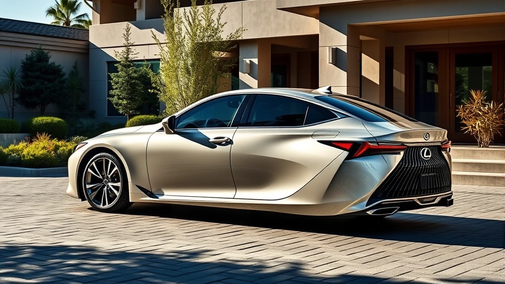 2024 Lexus LS full-side profile parked in upscale modern driveway, elegant Japanese design language, sophisticated luxury sedan, daylight professional automotive photography, architectural background