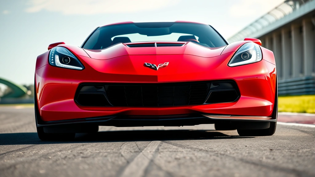Chevrolet Corvette Z06 in torch red, low-angle front perspective highlighting aggressive grille and aerodynamic design, track environment with blurred background, professional automotive photography, no license plate visible