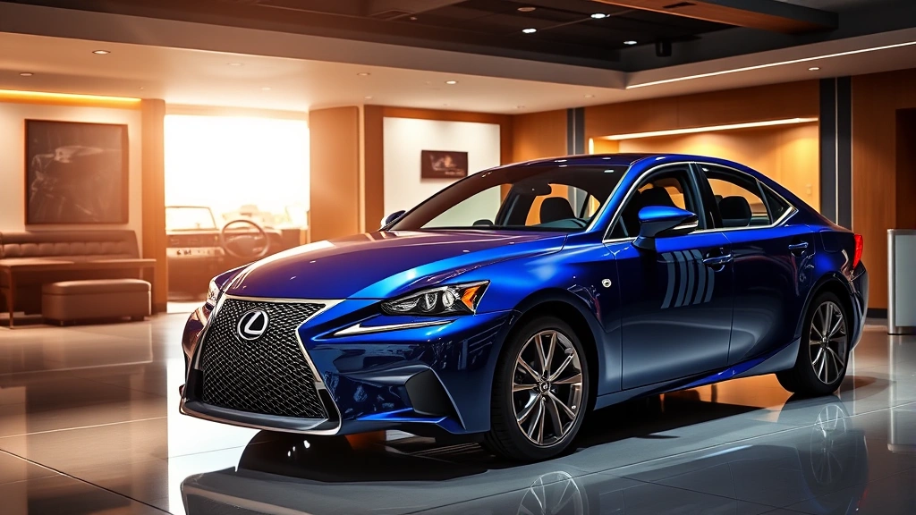 Lexus IS 500 F luxury performance sedan in deep blue pearl, luxury showroom interior setting, premium leather and wood trim visible through open door, sophisticated ambient lighting, high-resolution professional photograph
