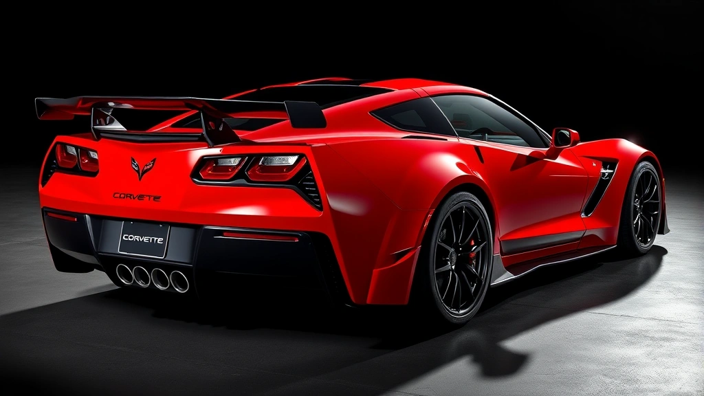 Fiery red Chevrolet Corvette Z06 supercar photographed from three-quarter angle, showcasing dramatic aerodynamic body kit and functional spoiler in dramatic lighting