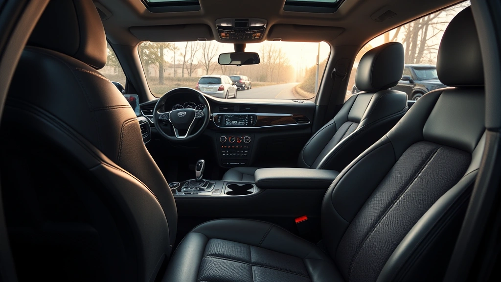 Premium vehicle interior showcasing leather seating, premium dashboard materials, ambient lighting, ergonomic controls, luxury cabin ambiance with soft natural light