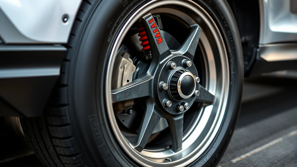Close-up of vehicle tire and wheel assembly during performance testing, showing suspension components and brake system engineering in high-quality detail