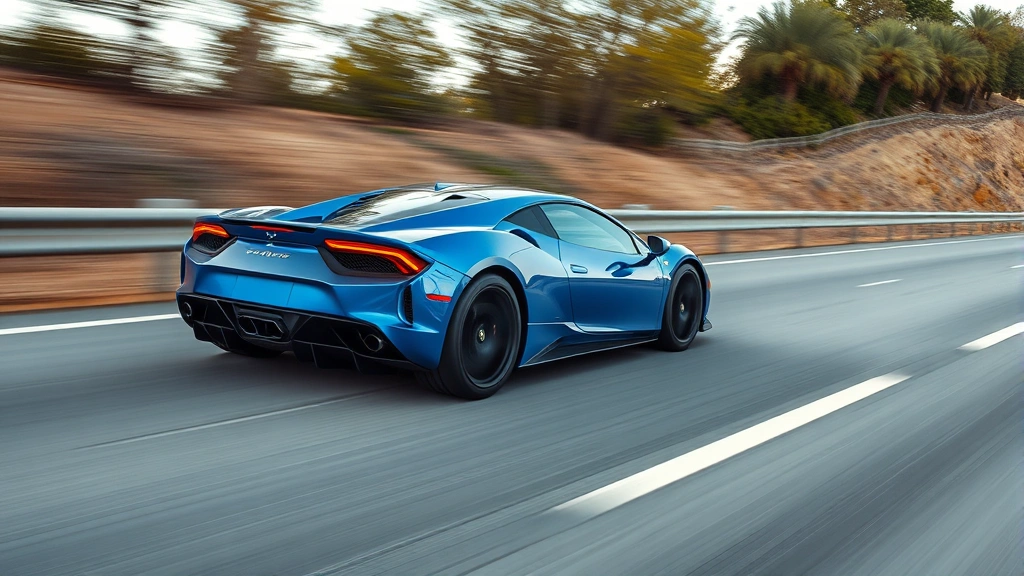 High-performance sports car in vibrant color accelerating on empty highway with motion blur, dynamic automotive action shot capturing speed and power