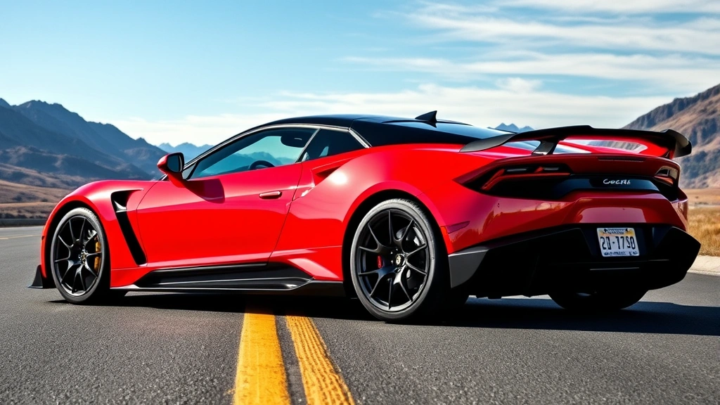 High-performance sports car in vibrant color displayed on open mountain road, dynamic perspective emphasizing aggressive styling, clear sky and scenic landscape backdrop