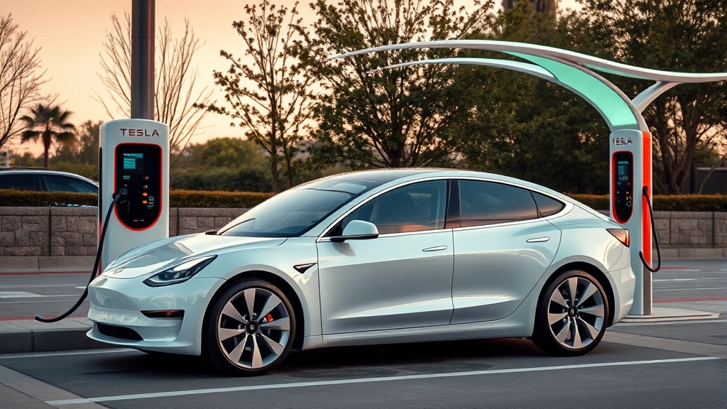 Modern Tesla Model 3 electric vehicle charging at public charging station, showing futuristic automotive technology and sustainable transportation infrastructure integration