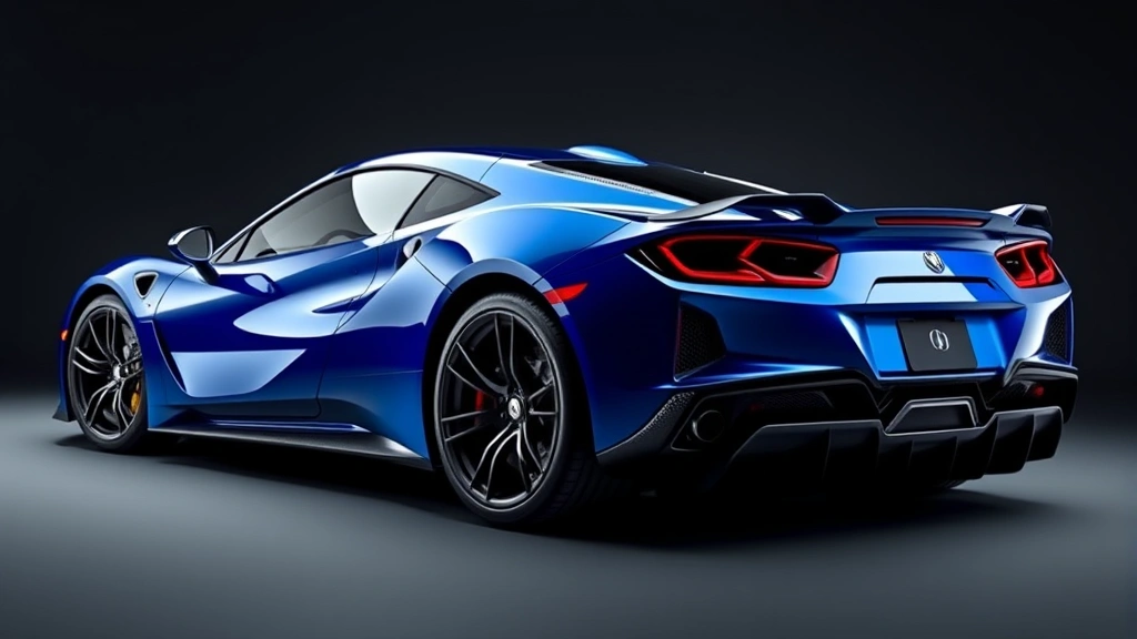 High-performance sports car with aggressive aerodynamic design, metallic blue paint, dynamic three-quarter angle, professional studio lighting highlighting sculpted body lines