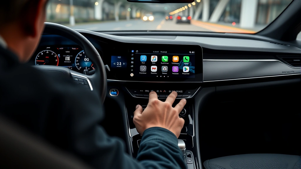 Close-up of modern car dashboard and infotainment system with driver interacting with touchscreen controls, interior cabin visible, contemporary automotive technology display
