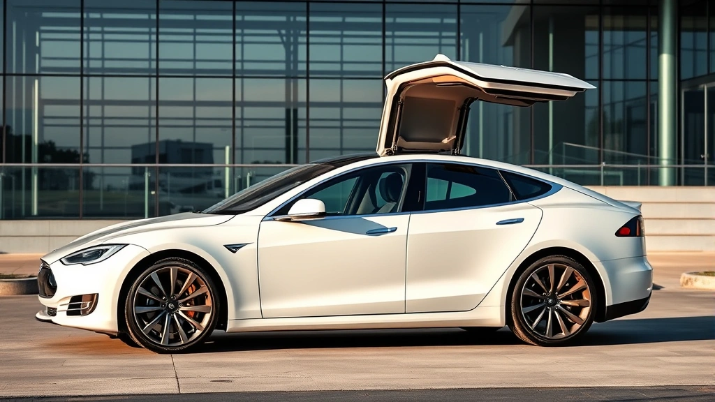 Tesla Model S Plaid in pearl white multi-coat with doors open, modern minimalist design, parked in contemporary setting with glass and steel architecture visible behind