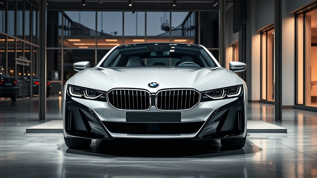 Elegant white BMW i7 in luxury showroom setting with sophisticated ambient lighting, premium interior visible through windows, polished concrete floor