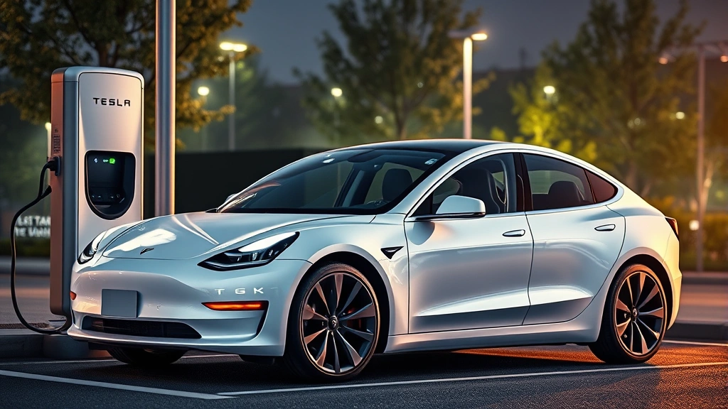 Modern white Tesla Model 3 electric sedan charging at public charging station with futuristic design elements, illustrating sustainable transportation technology