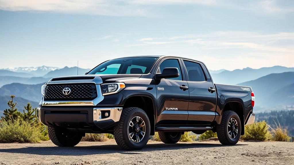 Toyota Tundra Hybrid truck parked at scenic overlook with mountains in background, showing truck profile and capability stance, professional lighting