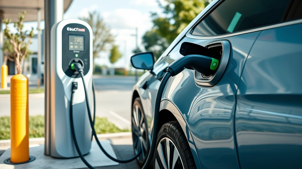 Electric vehicle charging at fast charger station, modern EV design, charging cable connected, contemporary charging infrastructure, outdoor public charging location, sustainable mobility