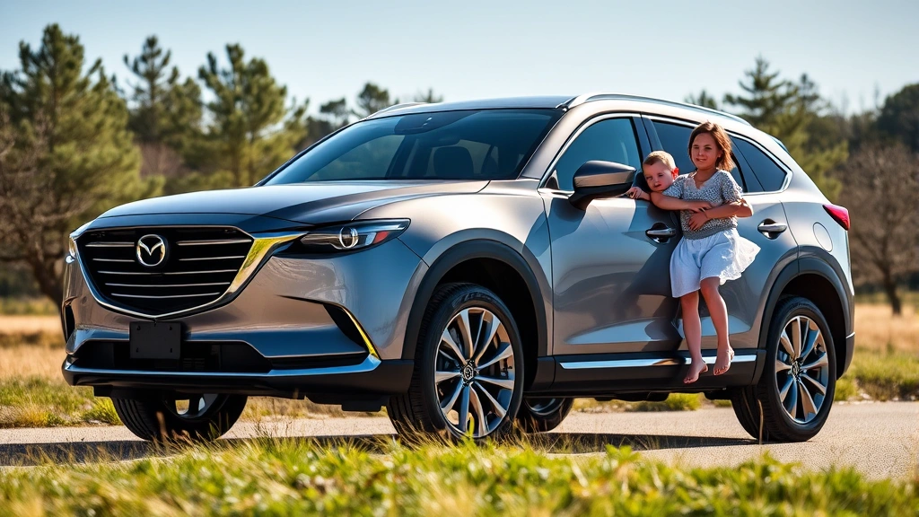 Mazda CX-90 three-row SUV family portrait in natural outdoor setting, metallic gray finish, premium design details, sunlit environment, modern styling