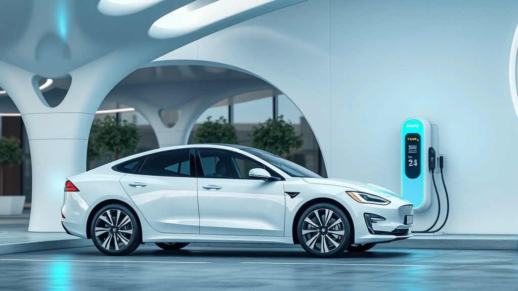 White electric sedan charging at modern charging station with futuristic architecture, representing sustainable transportation future, clean minimalist composition