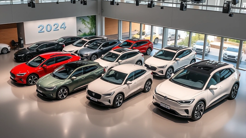 Diverse lineup of 2024 eco-friendly vehicles displayed in showroom, representing electric sedans, SUVs, and hybrid models with modern minimalist design