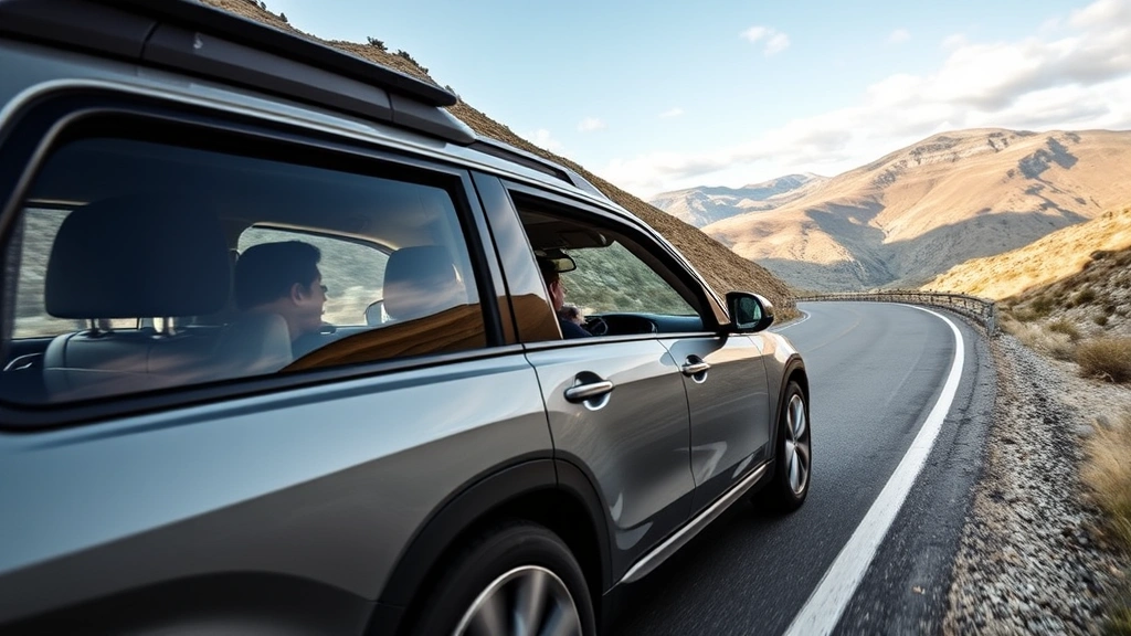 Family SUV crossover navigating winding mountain road, three-row seating visible through windows, dynamic driving position, scenic landscape background, all-terrain tires and robust suspension evident, professional automotive lifestyle photography