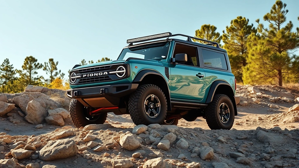 Ford Bronco body-on-frame SUV positioned on rocky terrain with pine trees, showcasing rugged capability and teal color variant, adventurous landscape highlighting off-road suspension and ground clearance, dynamic outdoor lighting