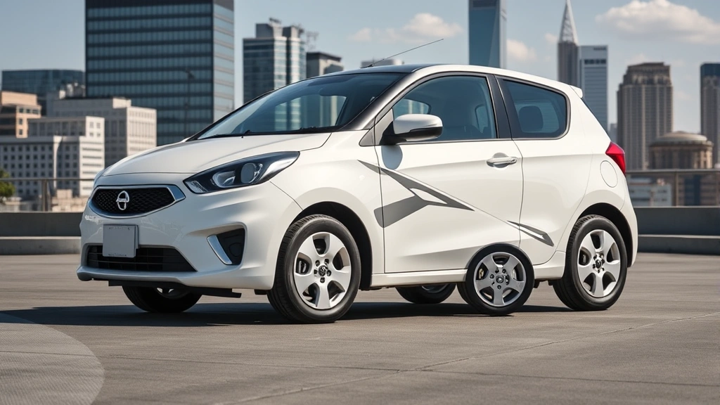 Compact sedan in urban environment with skyline backdrop, showcasing practical efficiency and contemporary styling, clean professional photography with natural lighting, no visible text or logos
