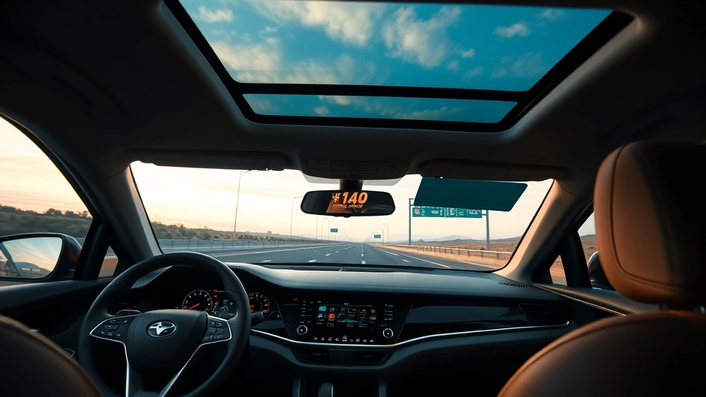 Sedan dashboard interior featuring advanced touchscreen display, leather steering wheel, ambient lighting, and panoramic sunroof with peaceful highway view