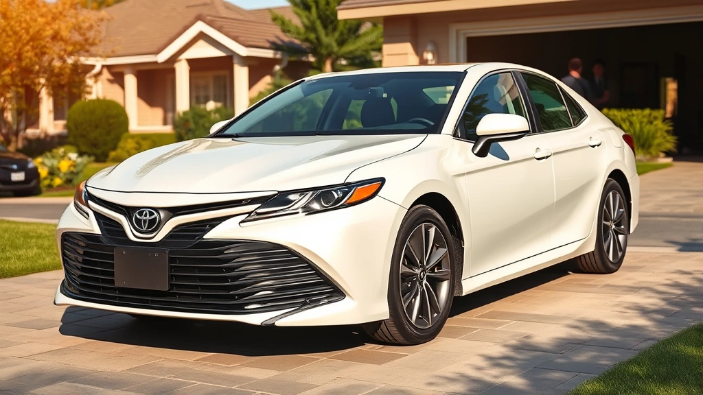 Toyota Camry Hybrid sedan in pearl white parked in residential driveway with family home visible, sunny afternoon lighting, reflecting eco-conscious lifestyle aesthetic