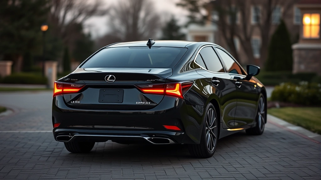 2024 Lexus ES luxury sedan in midnight black, rear three-quarter angle, elegant driveway setting, sophisticated automotive presentation
