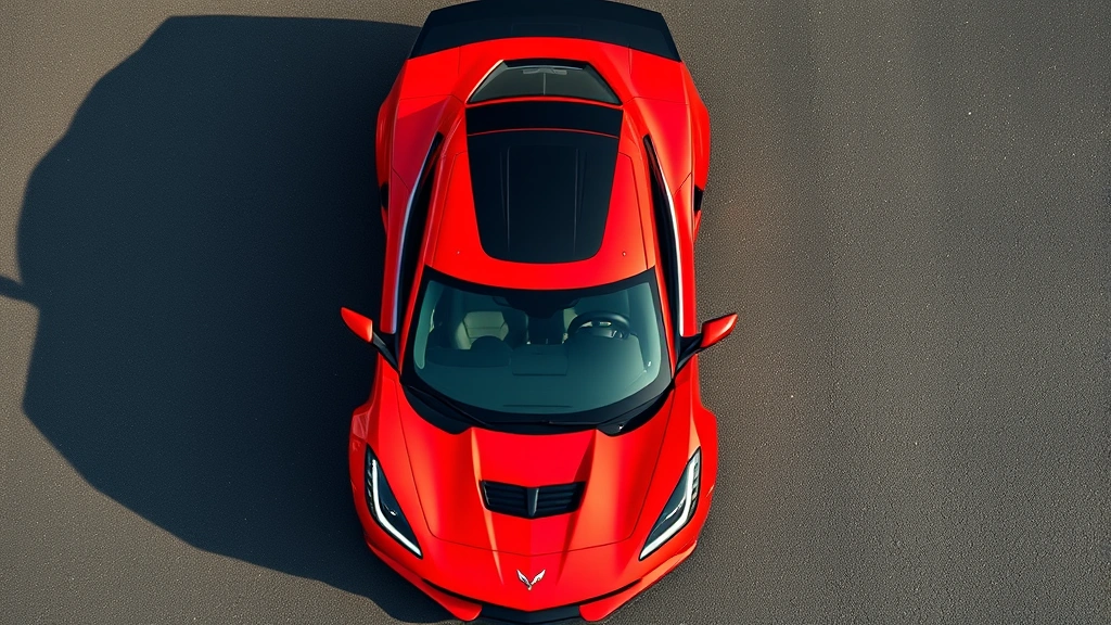 Overhead view of Chevrolet Corvette Z06 in bright red with distinctive flat hood and aggressive aerodynamic body kit, parked on dark asphalt with sharp shadows emphasizing sports car proportions