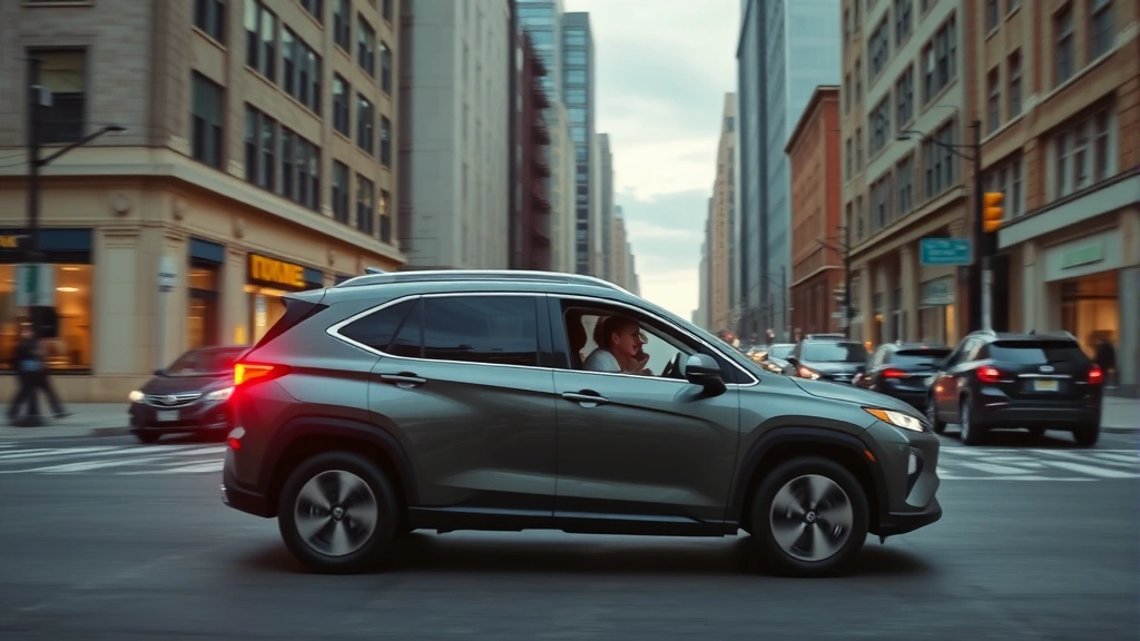 Family driving hybrid SUV through urban city streets during daytime, demonstrating hybrid vehicle versatility across different driving environments and weather conditions