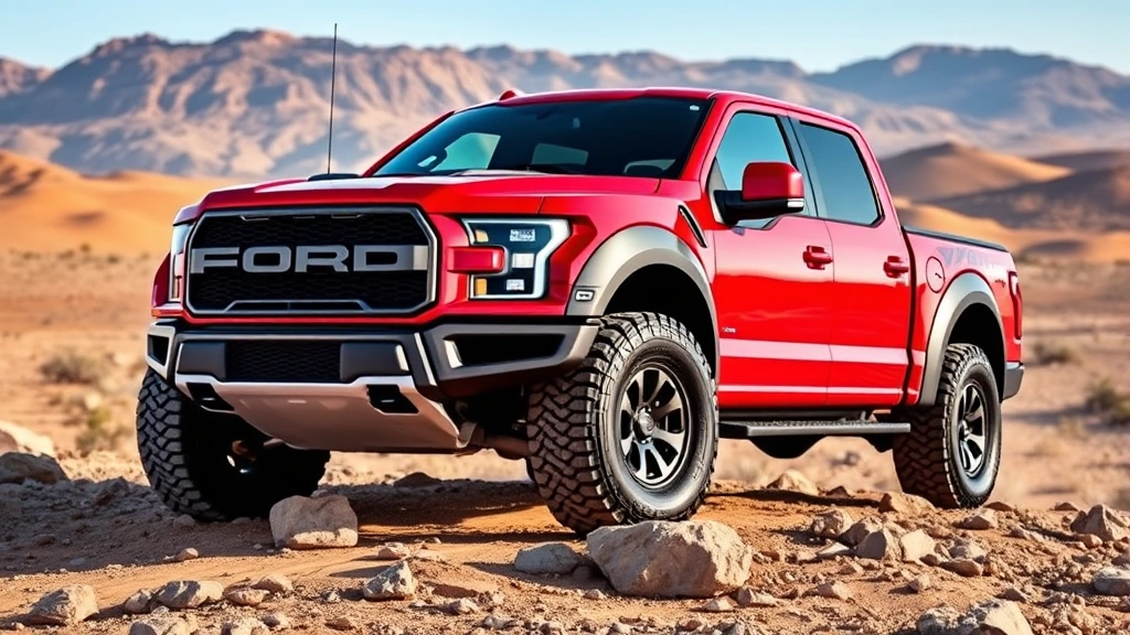 Ford F-150 Raptor truck in red, aggressive front-quarter stance on rocky terrain, desert landscape background, performance truck capability and rugged durability showcase