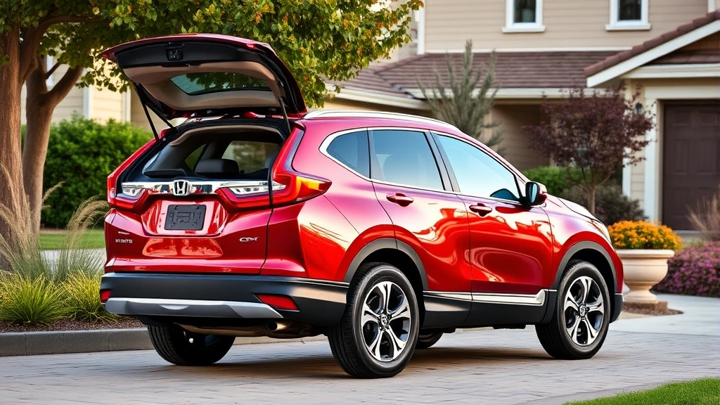 Honda CR-V hybrid crossover in radiant red metallic, photographed from side profile in suburban driveway setting with family-oriented landscaping, showing practical cargo versatility and contemporary styling