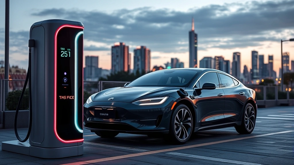 Modern electric vehicle charging at fast-charging station, contemporary design lines, glowing LED elements, urban setting with city skyline background