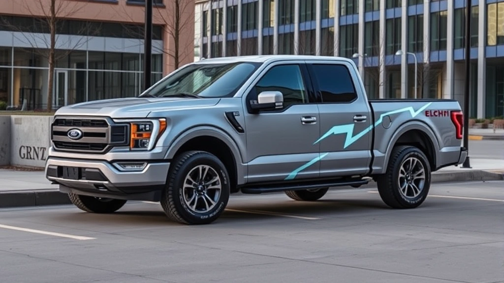 2024 Ford F-150 Lightning electric pickup truck parked in urban setting, lightning bolt design elements, modern wheels, professional automotive photography, contemporary truck design