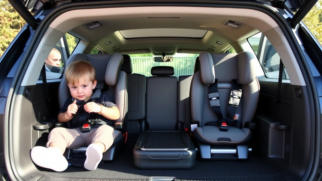 Family SUV interior showing three-row seating configuration with children's car seats properly installed, spacious cargo area with luggage visible