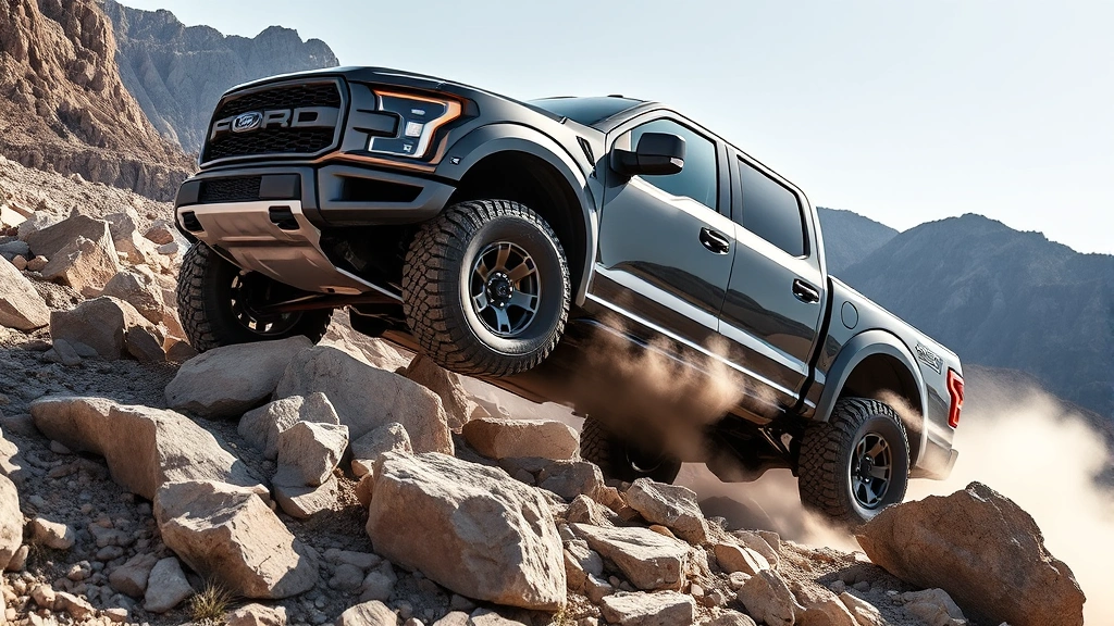 Ford F-150 Raptor high-performance truck off-road on rocky mountain terrain, wheels suspended mid-air over boulders, dust cloud rising, showcasing suspension capability and rugged capability