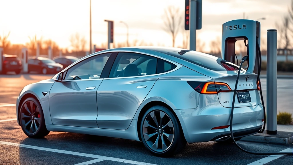 Tesla Model 3 electric sedan charging at public charging station with futuristic design elements visible, showing modern EV technology and sustainable transportation focus