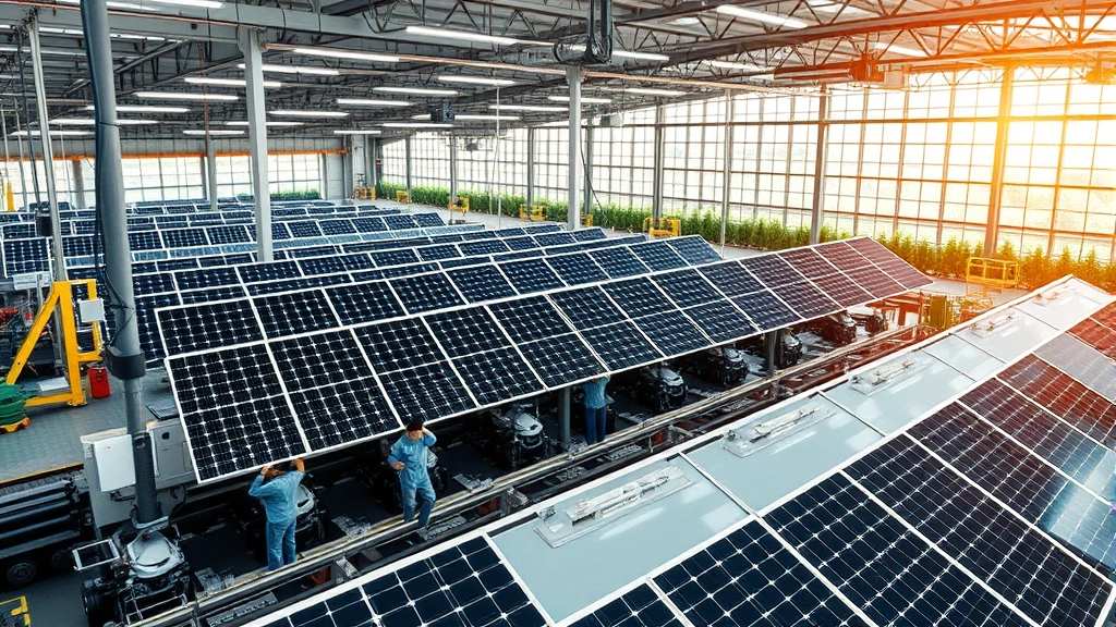 Sustainable automotive manufacturing facility with solar panels on roof, workers in modern production environment, green energy infrastructure, industrial photography style